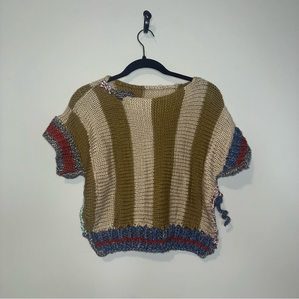 Handmade Chunky Knit Striped Sweater Short Sleeve Boxy Boho Crop Top Green Blue